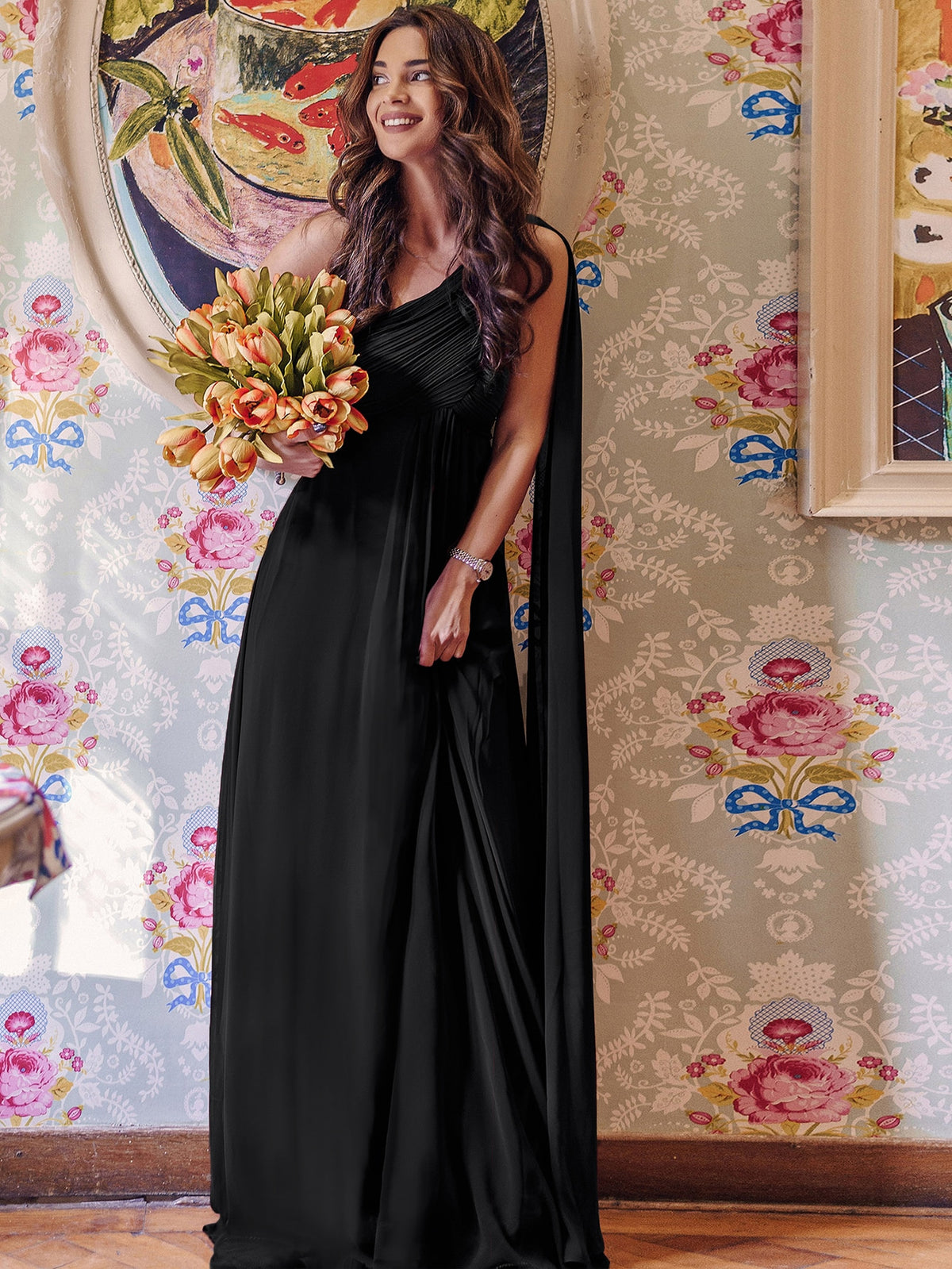 EVER-PRETTY Ruched Bodice One Shoulder Cape Prom Dress