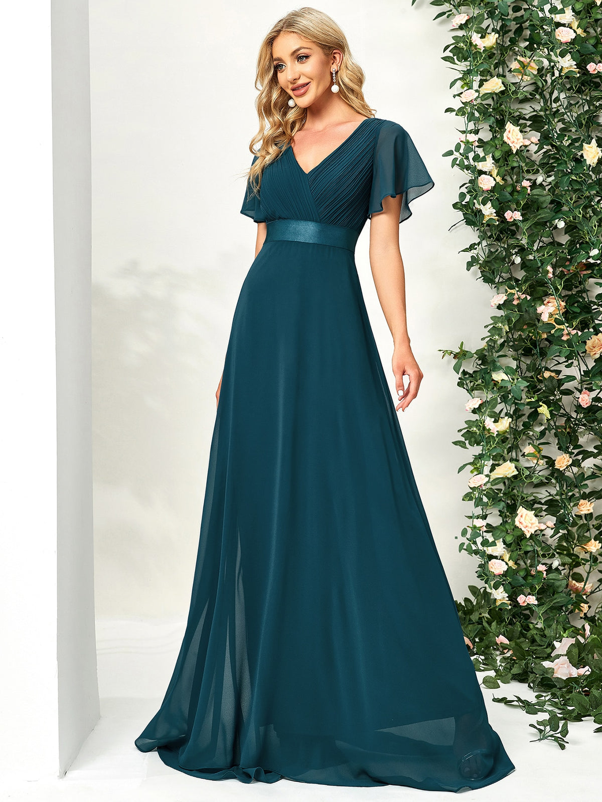 EVER-PRETTY Ruched Bodice Ribbon Waist Chiffon Bridesmaid Dress