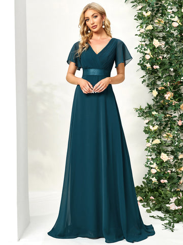 EVER-PRETTY Ruched Bodice Ribbon Waist Chiffon Bridesmaid Dress