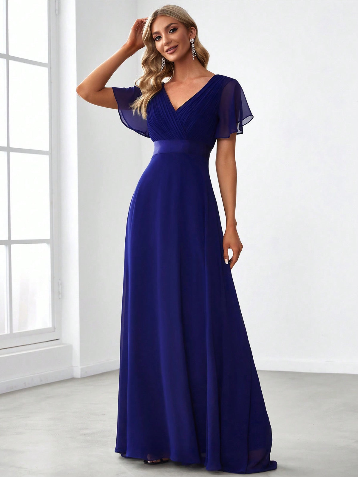 EVER-PRETTY Ruched Bodice Ribbon Waist Chiffon Prom Dress