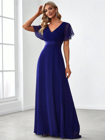 EVER-PRETTY Ruched Bodice Ribbon Waist Chiffon Prom Dress