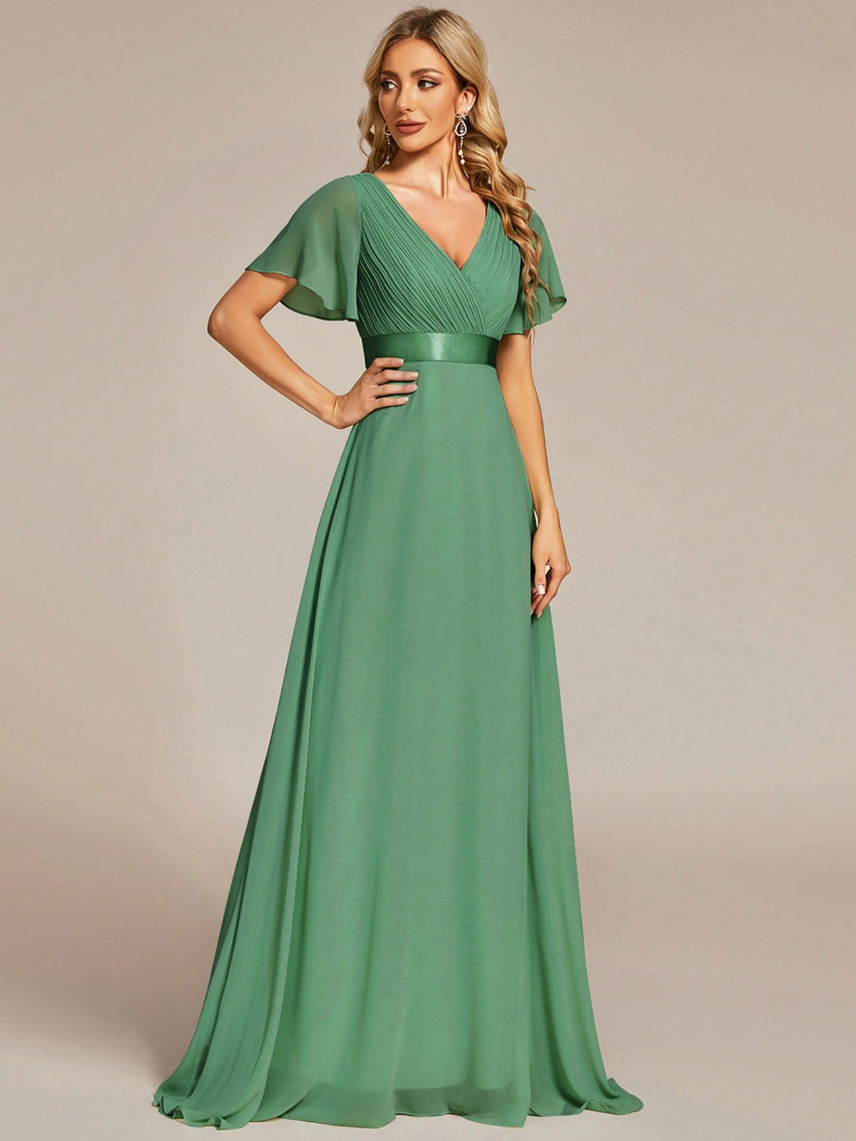 EVER-PRETTY Ruched Bodice Ribbon Waist Chiffon Prom Dress