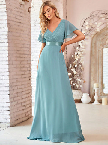EVER-PRETTY Ruched Bodice Ribbon Waist Chiffon Prom Dress