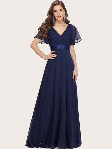 EVER-PRETTY Ruched Bodice Ribbon Waist Chiffon Prom Dress