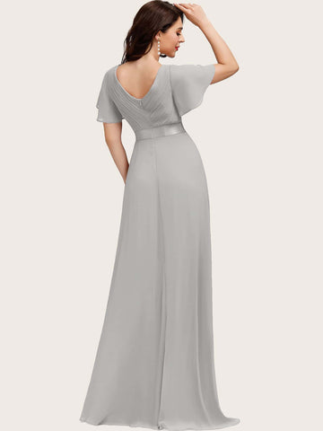 EVER-PRETTY Ruched Bodice Ribbon Waist Chiffon Prom Dress