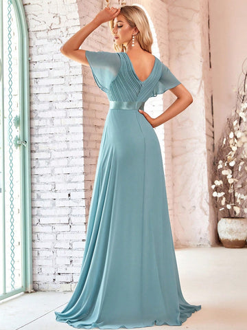 EVER-PRETTY Ruched Bodice Ribbon Waist Chiffon Prom Dress