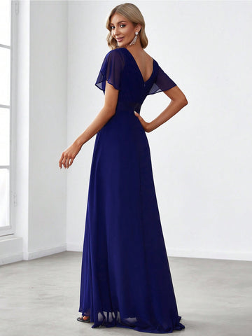 EVER-PRETTY Ruched Bodice Ribbon Waist Chiffon Prom Dress