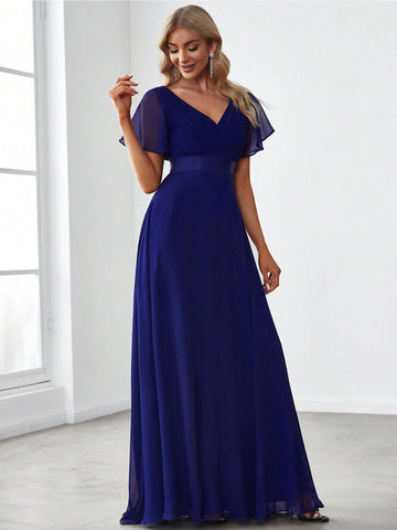 EVER-PRETTY Ruched Bodice Ribbon Waist Chiffon Prom Dress