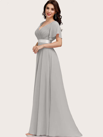 EVER-PRETTY Ruched Bodice Ribbon Waist Chiffon Prom Dress