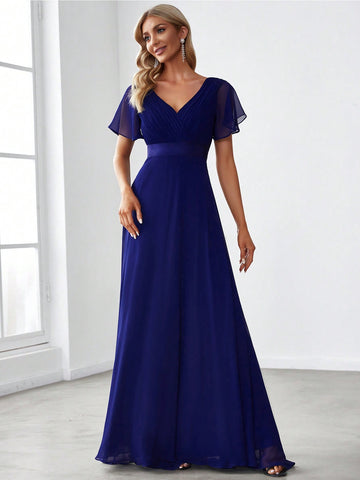 EVER-PRETTY Ruched Bodice Ribbon Waist Chiffon Prom Dress
