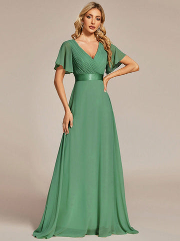 EVER-PRETTY Ruched Bodice Ribbon Waist Chiffon Prom Dress