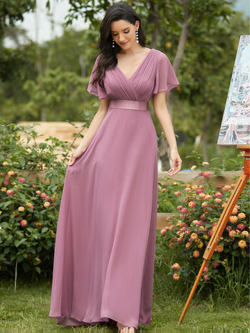 EVER-PRETTY Ruched Bodice Ribbon Waist Chiffon Prom Dress
