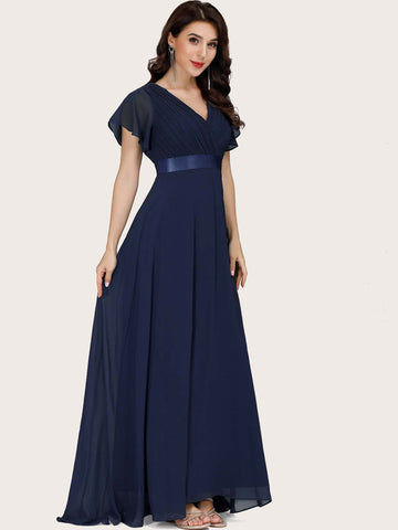 EVER-PRETTY Ruched Bodice Ribbon Waist Chiffon Prom Dress