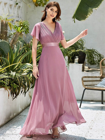 EVER-PRETTY Ruched Bodice Ribbon Waist Chiffon Prom Dress