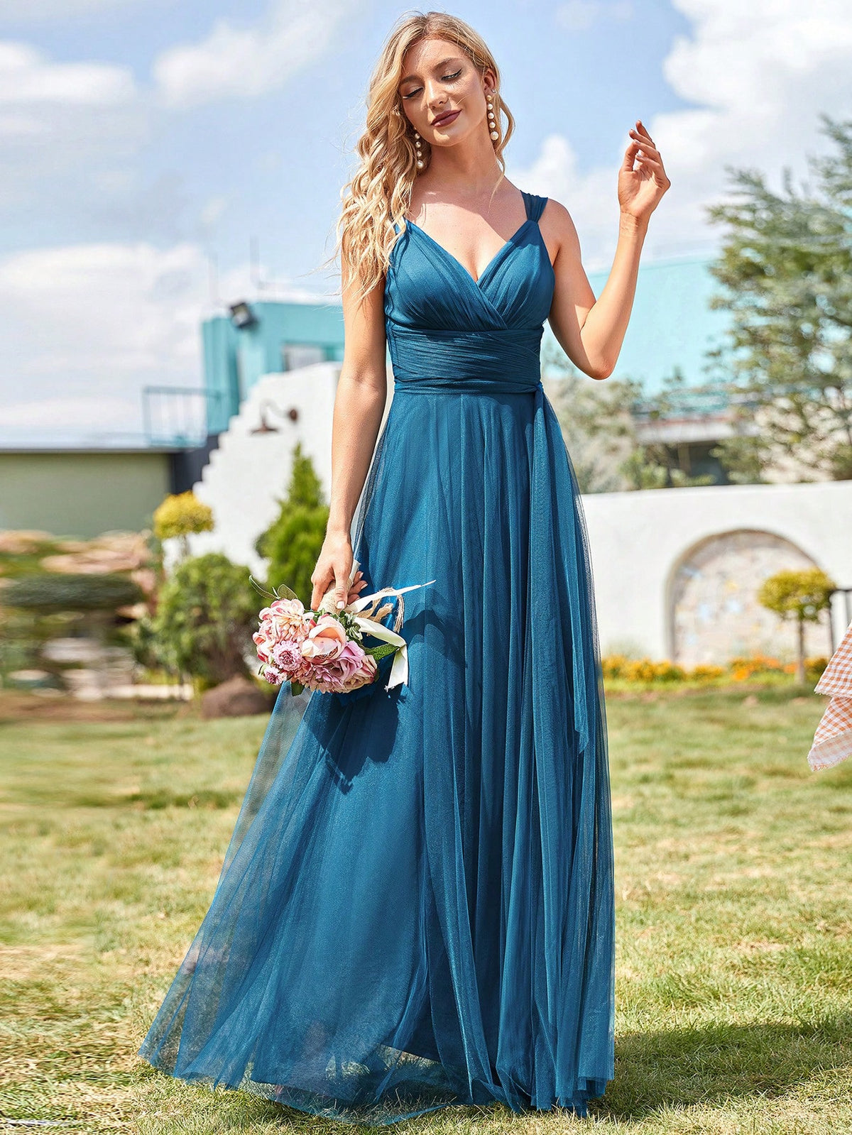 EVER-PRETTY Ruched Mesh Overlay Maxi Bridesmaid Dress