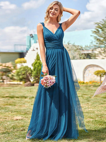 EVER-PRETTY Ruched Mesh Overlay Maxi Bridesmaid Dress