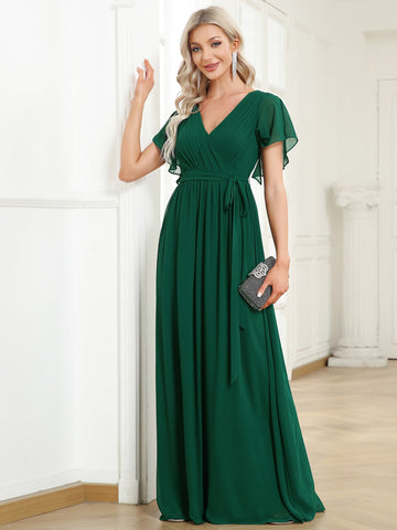 EVER-PRETTY Ruched Split Sleeve Chiffon Bridesmaid Dress