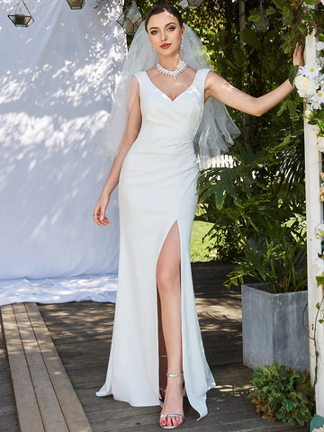 EVER-PRETTY Ruched Split Thigh Wedding Dress Without Veil