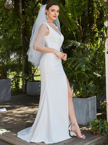 EVER-PRETTY Ruched Split Thigh Wedding Dress Without Veil