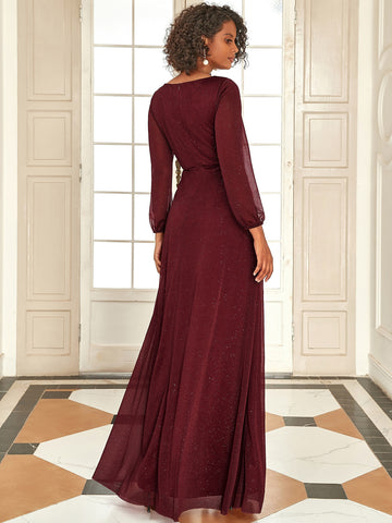 EVER-PRETTY Ruched Waist Split Thigh Glitter Mesh Prom Dress
