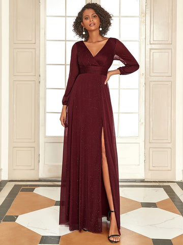 EVER-PRETTY Ruched Waist Split Thigh Glitter Mesh Prom Dress
