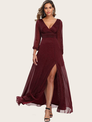 EVER-PRETTY Ruched Waist Split Thigh Glitter Mesh Prom Dress