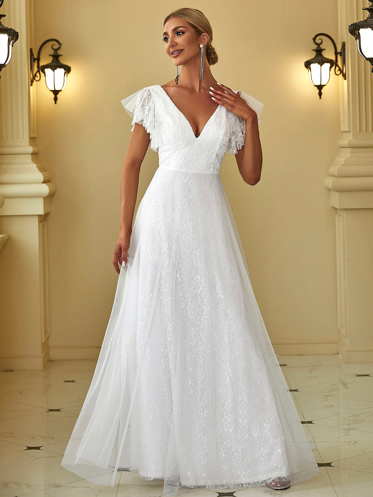 EVER-PRETTY Ruffle Armhole Lace Trim Backless Wedding Dress