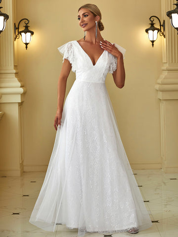EVER-PRETTY Ruffle Armhole Lace Trim Backless Wedding Dress