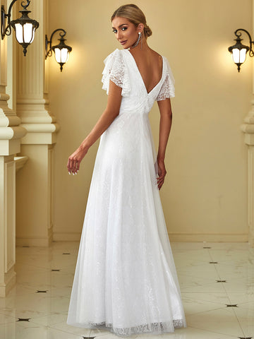 EVER-PRETTY Ruffle Armhole Lace Trim Backless Wedding Dress