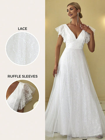 EVER-PRETTY Ruffle Armhole Lace Trim Backless Wedding Dress