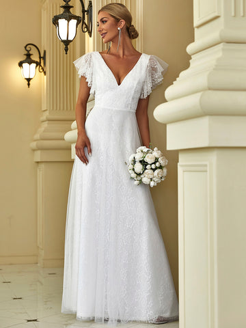 EVER-PRETTY Ruffle Armhole Lace Trim Backless Wedding Dress