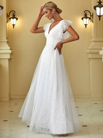 EVER-PRETTY Ruffle Armhole Lace Trim Backless Wedding Dress