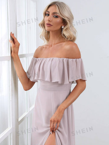 EVER-PRETTY Ruffle Off Shoulder Split Bridesmaid Dress