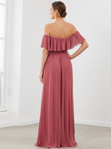 EVER-PRETTY Ruffle Off Shoulder Split Thigh Chiffon Bridesmaid Dress