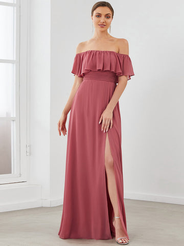 EVER-PRETTY Ruffle Off Shoulder Split Thigh Chiffon Bridesmaid Dress