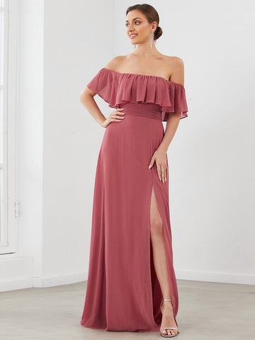 EVER-PRETTY Ruffle Off Shoulder Split Thigh Chiffon Bridesmaid Dress