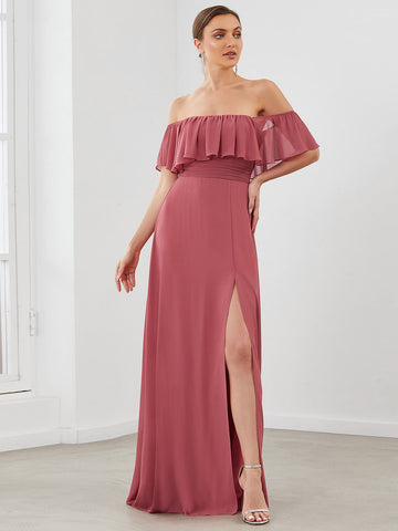 EVER-PRETTY Ruffle Off Shoulder Split Thigh Chiffon Bridesmaid Dress
