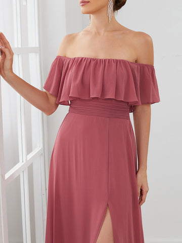 EVER-PRETTY Ruffle Off Shoulder Split Thigh Chiffon Bridesmaid Dress