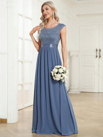 EVER-PRETTY Scoop Neck Contrast Floral Lace Formal Dress