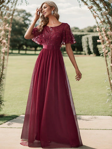 EVER-PRETTY Sequin Butterfly Sleeve Mesh Prom Bridesmaid Dress