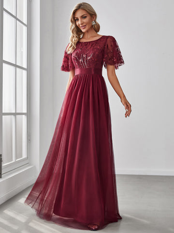 EVER-PRETTY Sequin Butterfly Sleeve Mesh Prom Bridesmaid Dress