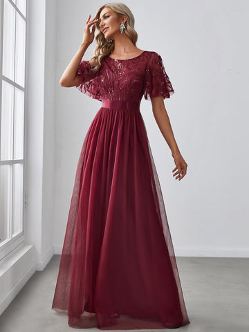 EVER-PRETTY Sequin Butterfly Sleeve Mesh Prom Bridesmaid Dress