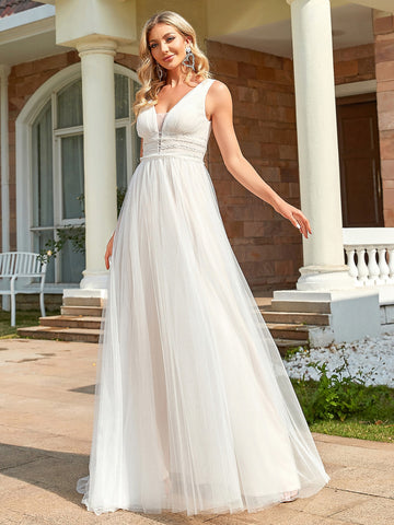 EVER-PRETTY Sequin Decor Pearls Beaded Mesh Wedding Dress
