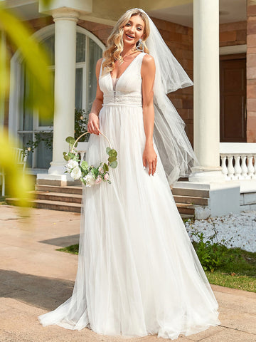 EVER-PRETTY Sequin Decor Pearls Beaded Mesh Wedding Dress