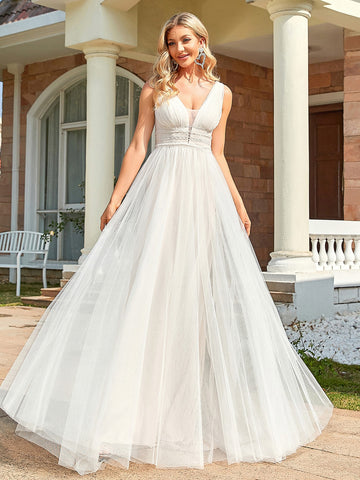 EVER-PRETTY Sequin Decor Pearls Beaded Mesh Wedding Dress