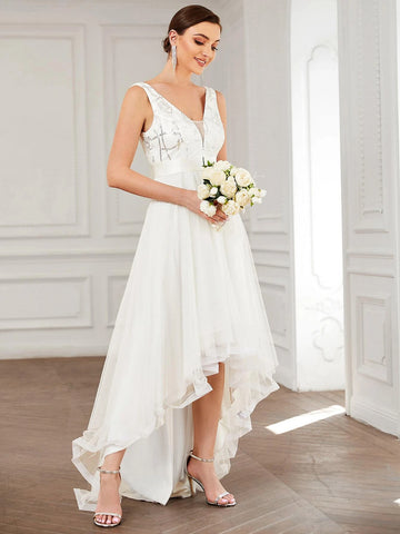 EVER-PRETTY Sequin Embroidered Floral High Low Mesh Prom Dress