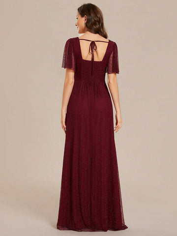 EVER-PRETTY Sexy Backless Dress With Spaghetti Straps, Ruffle Sleeves And Side Split For Bridesmaid