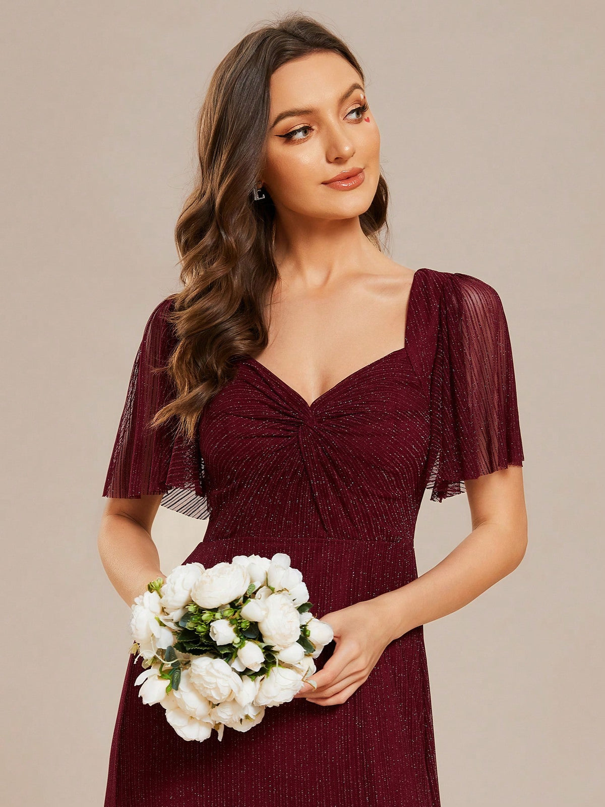 EVER-PRETTY Sexy Backless Dress With Spaghetti Straps, Ruffle Sleeves And Side Split For Bridesmaid