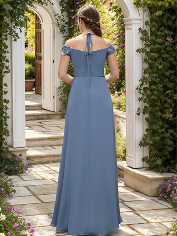 EVER-PRETTY Sexy Backless Off Shoulder Embroidered Bridesmaid Dress With Straps