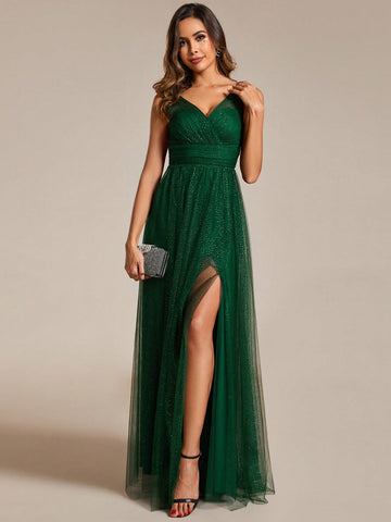 EVER-PRETTY Sexy Deep V-neck And Open Back Bridesmaid Dress With High Slit